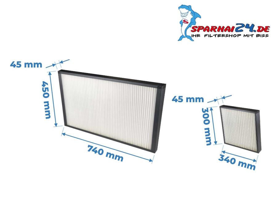 Preview: Maße Filterset 2x M5 + 1x F7 Vallox airDIRECT 770 D / 1000 D: 740x450x45mm, 340x300x45mm