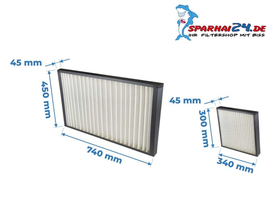 Preview: Maße Filterset 3x M5 Vallox airDIRECT 770 D / 1000 D: 740x450x45mm, 340x300x45mm