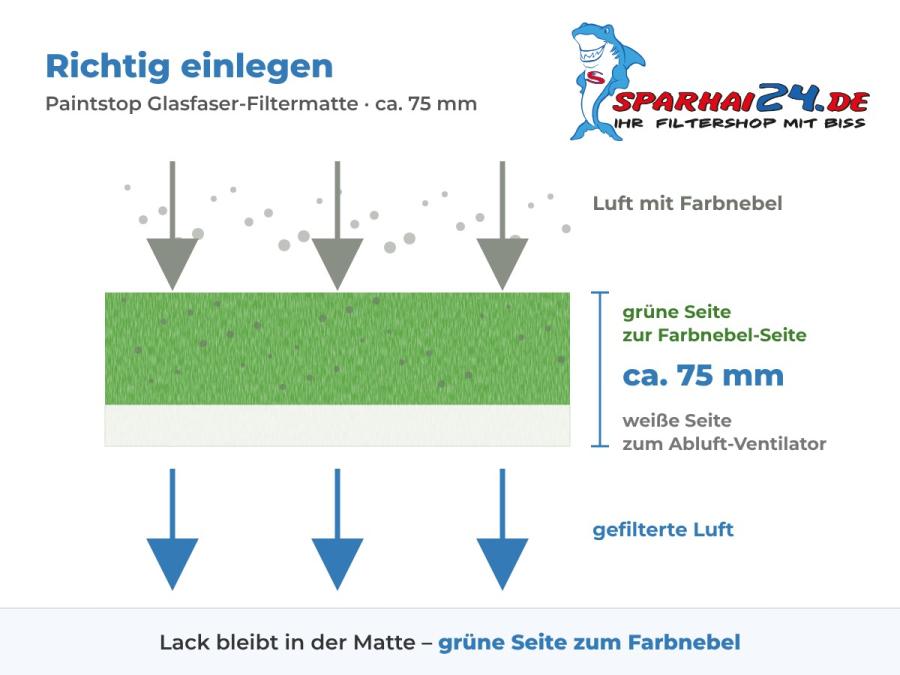 Paintstop richtig einlegen: grüne Seite zur Farbnebel-Seite, weiße Seite zum Abluft-Ventilator